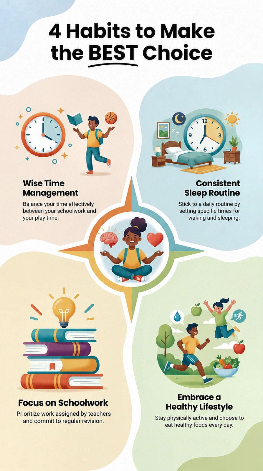 An educational infographic titled "4 Habits to Make the BEST Choice." In the center, a student meditates in a cross-legged position balancing a brain and a heart icon. Four colorful surrounding sections outline key student habits: 1) Wise Time Management featuring a boy balancing schoolwork and a basketball next to a clock, 2) Consistent Sleep Routine depicting a bedroom scene with a clock showing sleep and wake times, 3) Focus on Schoolwork showing a glowing lightbulb atop a stack of textbooks, and 4) Embrace a Healthy Lifestyle showing kids running outdoors with fresh fruits and vegetables.